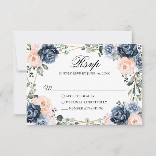 Blauer Pfirsichblutdruck Geometric Floral Wedding  RSVP Karte (Vorderseite)