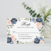 Blauer Pfirsichblutdruck Geometric Floral Wedding  RSVP Karte (Stehend Vorderseite)