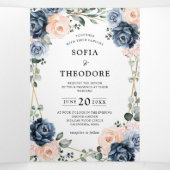 Blauer Pfirsichblutdruck Geometrische Blumenzähne Dreifach Gefaltete Ankündigung (Innenseite Mitte)