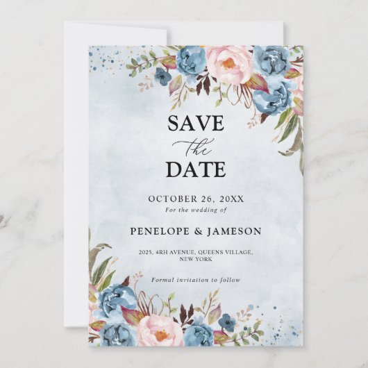 Blauer Pfirsichblüte Botanische Blumenhochzeit Sa Save The Date (Vorderseite)