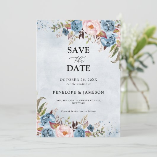 Blauer Pfirsichblüte Botanische Blumenhochzeit Sa Save The Date (Stehend Vorderseite)