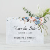 Blauer Pfirsichblüte Botanische Blumenhochzeit Sa Save The Date (Stehend Vorderseite)