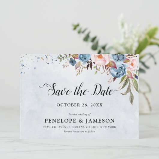 Blauer Pfirsichblüte Botanische Blumenhochzeit Sa Save The Date (Stehend Vorderseite)