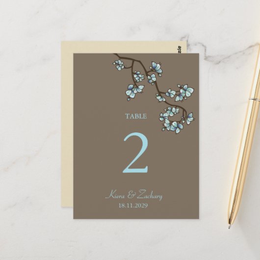 Blauer Pfirsichblüten Hochzeitskarte der Tischnumm Postkarte (Vorderseite/Rückseite Beispiel)