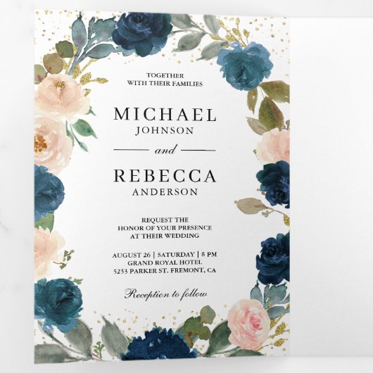 Blauer Pfirsichblütenblümchen in einem QR-Code Hoc Dreifach Gefaltete Einladung (Innen Erste Seite)