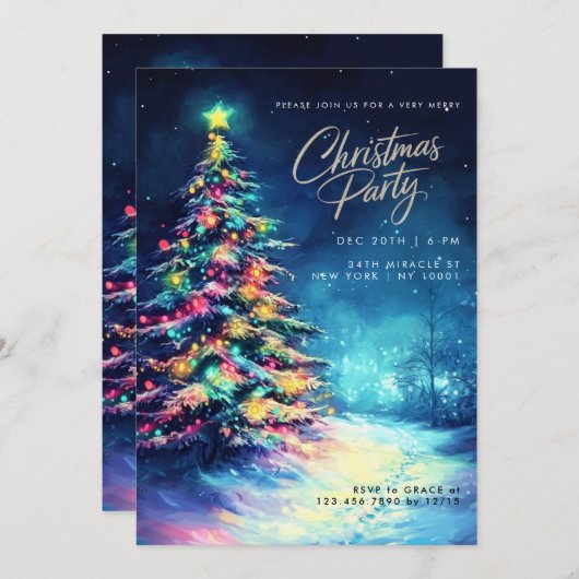 Blauer Pinienbaum, farbenfroher Weihnachtsbaum Einladung (Vorne/Hinten)