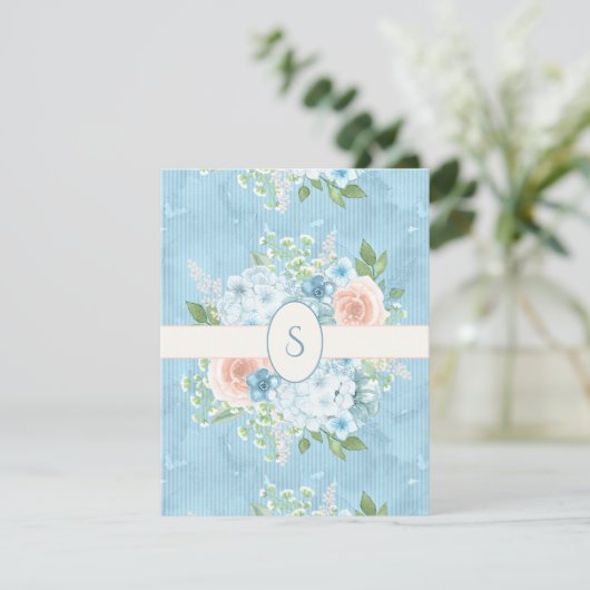 Blauer Pink Shabby Chic Monogramm Dankeskarte (Stehend Vorderseite)