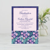 Blauer Pink Tulips Abschluss Einladung (Stehend Vorderseite)