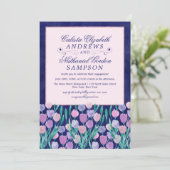 Blauer Pink Tulips Verlobung Einladung (Stehend Vorderseite)