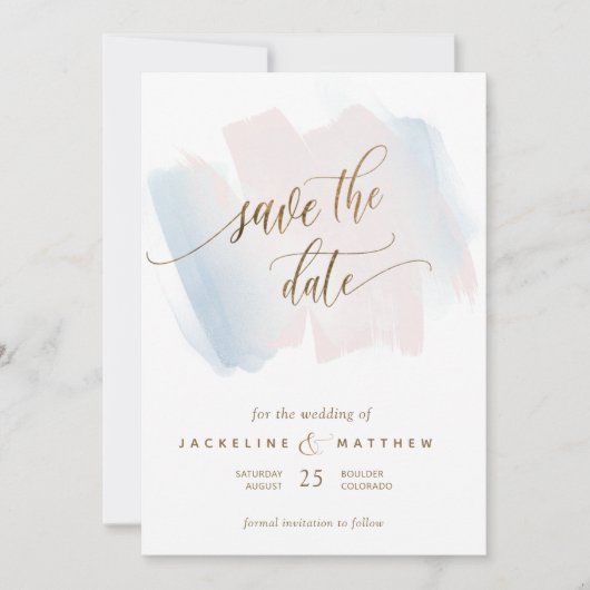 Blauer Pinselstrich, minimale Hochzeit Save The Date (Vorderseite)