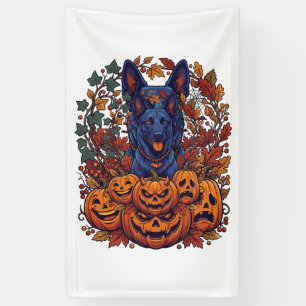 Blauer Pitbull Halloween Kürbisse Herbstlaub Flede Banner