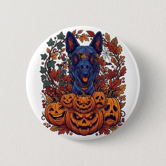 Blauer Pitbull Halloween Kürbisse Herbstlaub Flede Button (Vorderseite)