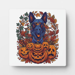 Blauer Pitbull Halloween Kürbisse Herbstlaub Flede Fotoplatte