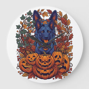 Blauer Pitbull Halloween Kürbisse Herbstlaub Flede Große Wanduhr