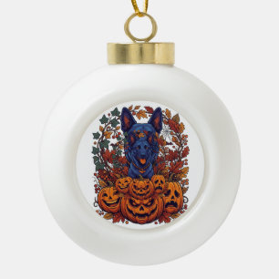 Blauer Pitbull Halloween Kürbisse Herbstlaub Flede Keramik Kugel-Ornament