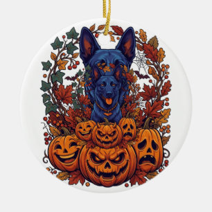 Blauer Pitbull Halloween Kürbisse Herbstlaub Flede Keramik Ornament