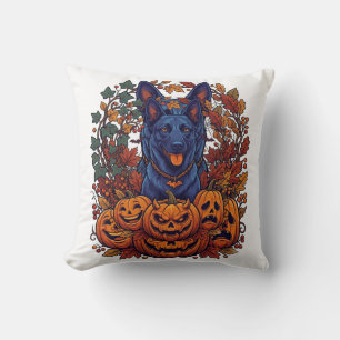 Blauer Pitbull Halloween-Kürbisse Herbstlaub Flede Kissen
