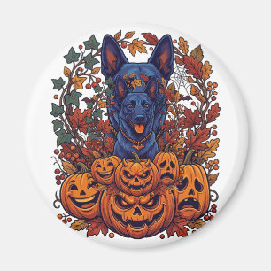 Blauer Pitbull Halloween Kürbisse Herbstlaub Flede Magnet