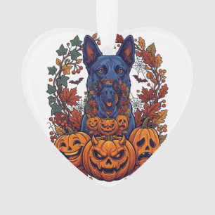 Blauer Pitbull Halloween Kürbisse Herbstlaub Flede Ornament