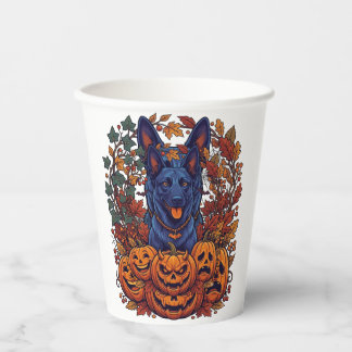 Blauer Pitbull Halloween-Kürbisse Herbstlaub Flede Pappbecher