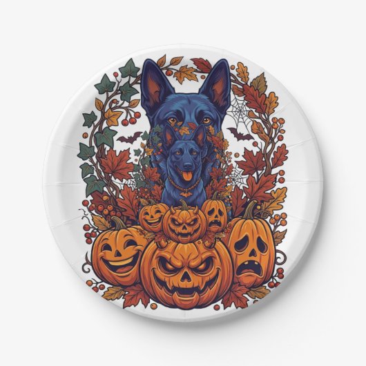 Blauer Pitbull Halloween Kürbisse Herbstlaub Flede Pappteller (Vorderseite)