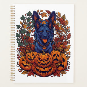 Blauer Pitbull Halloween-Kürbisse Herbstlaub Flede Planer