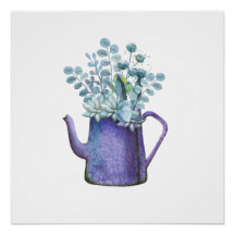 Blauer Pitcher mit Blume Aquarellfarben-Plakat dru