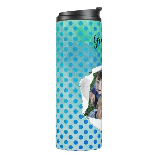 Blauer Polka-Dot-Template für das Foto mit Papierl Thermosbecher (Nach links gedreht)