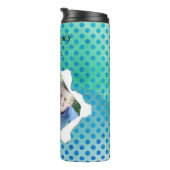 Blauer Polka-Dot-Template für das Foto mit Papierl Thermosbecher (Nach rechts gedreht)