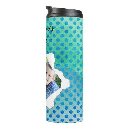 Blauer Polka-Dot-Template für das Foto mit Papierl Thermosbecher (Nach rechts gedreht)