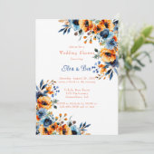 Blauer Polterabend und Orangefarbene Wasserfarben Einladung (Stehend Vorderseite)