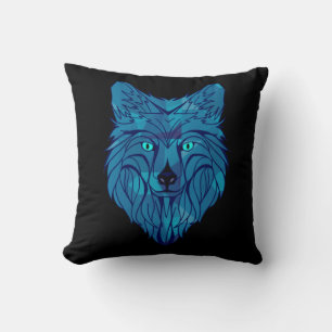 Blauer Poly-Wolfkopf Kissen