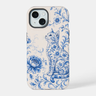 Blauer Porzellan-Katz-Blumen-Handyhülle iPhone 15 Hülle
