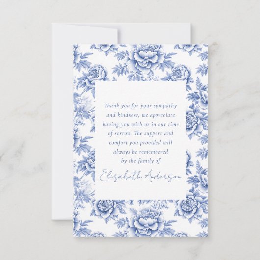 Blauer Porzellan Toile Gedicht Beerdigung Dankeskarte (Rückseite)