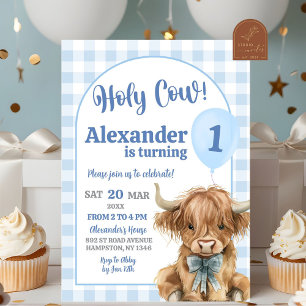 Blauer Preppy-Gingham-Cowboy-Erster Geburtstag Einladung