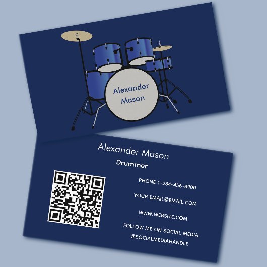 Blauer professioneller Musiker-Trommler-QR-Code Visitenkarte