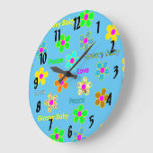 Blauer psychedelischer 60er Groovy Blumen-Muster Große Wanduhr (Winkel)
