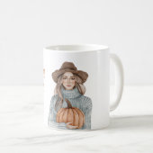 Blauer Pullover Weiblicher Hut Kürbis Es ist Herbs Kaffeetasse (VorderseiteRechts)
