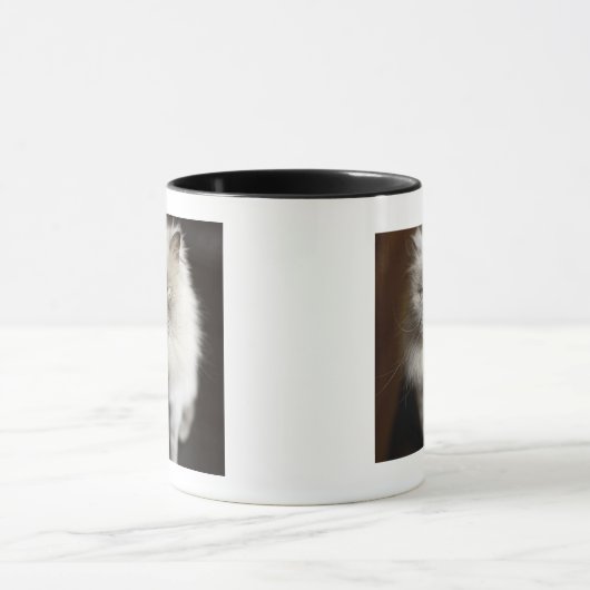 Blauer Punkt-Himalajakatze, die gereizt schaut Tasse (Zentrum)