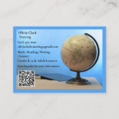 Blauer QR-Code-Tutor-Lehrer-Globus und Buch Klasse Visitenkarte (Vorderseite)