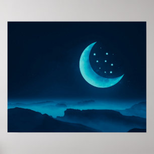 Blauer Quarter Mond und Gebirge   Poster