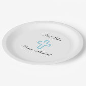 Blauer querer personalisierter PapierTeller (Schrägansicht)