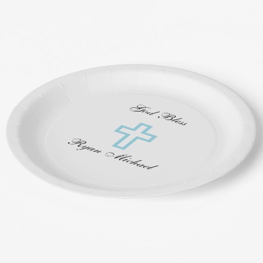 Blauer querer personalisierter PapierTeller (Schrägansicht)