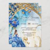 Blauer Quinceañera Glitzer Schmetterling Einladung (Vorne/Hinten)