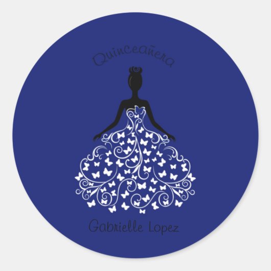 Blauer Quinceanera Schmetterlings-KleiderUmschlag Runder Aufkleber (Vorderseite)