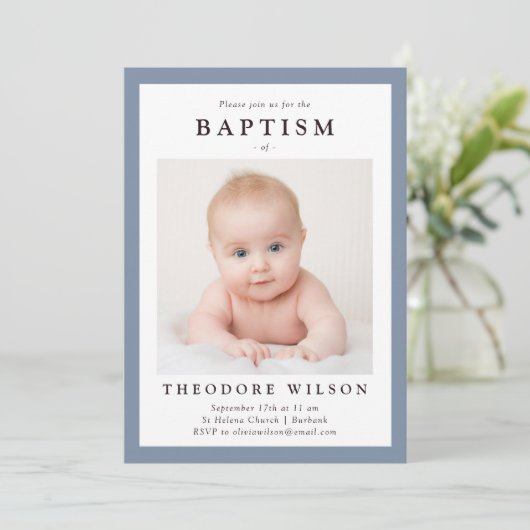 Blauer Rahmen einfache Taufe Einladung (Stehend Vorderseite)