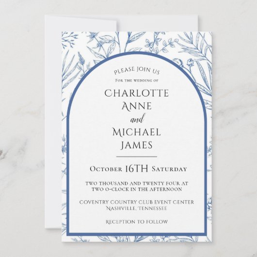 Blauer Rahmen Wasserfarben Hochzeitsempfang Einladung (Vorderseite)