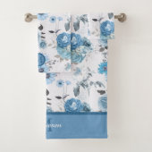 Blauer Rand Monogramm florales Muster Badhandtuch Set (Insitu)