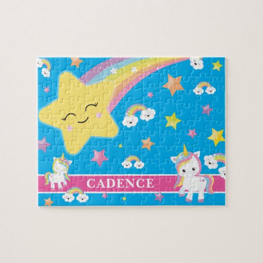 Blauer Regenbogen Einhorn Personalisiert Kinder Puzzle (Horizontal)