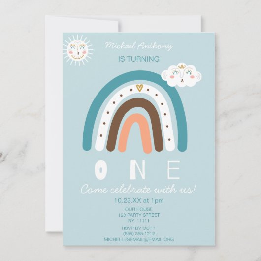 Blauer Regenbogen Erster Geburtstag Einladung (Vorderseite)